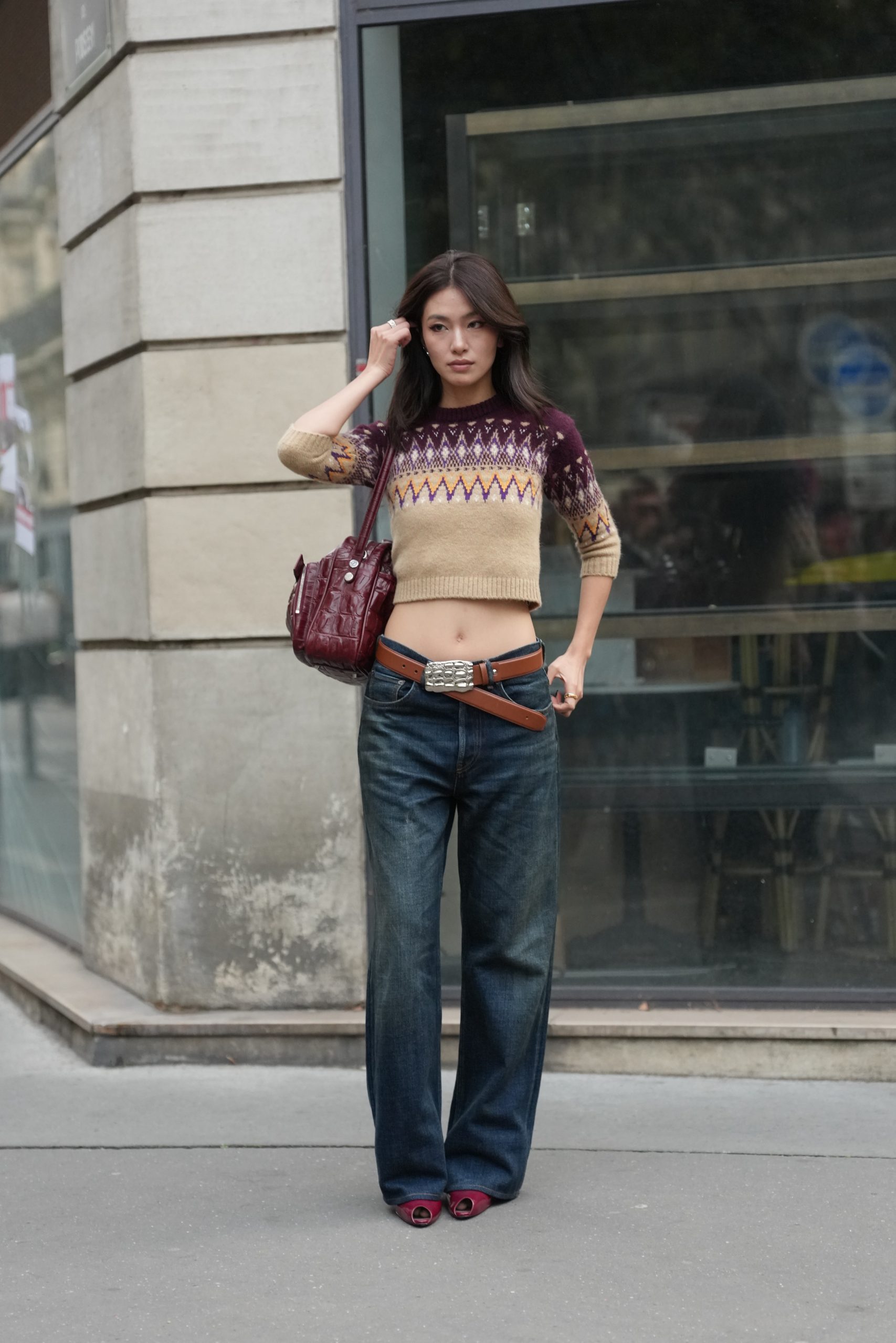Red Heels Outfit Idea — Low Rise Jeans Outfits