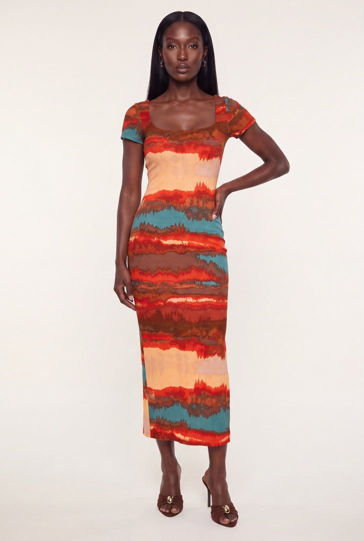Multicolor Abstract Print Midi Dress for Casual Summer Multicolor Abstract Print Midi Dress for Casual Summer — Square Neck Dresses
