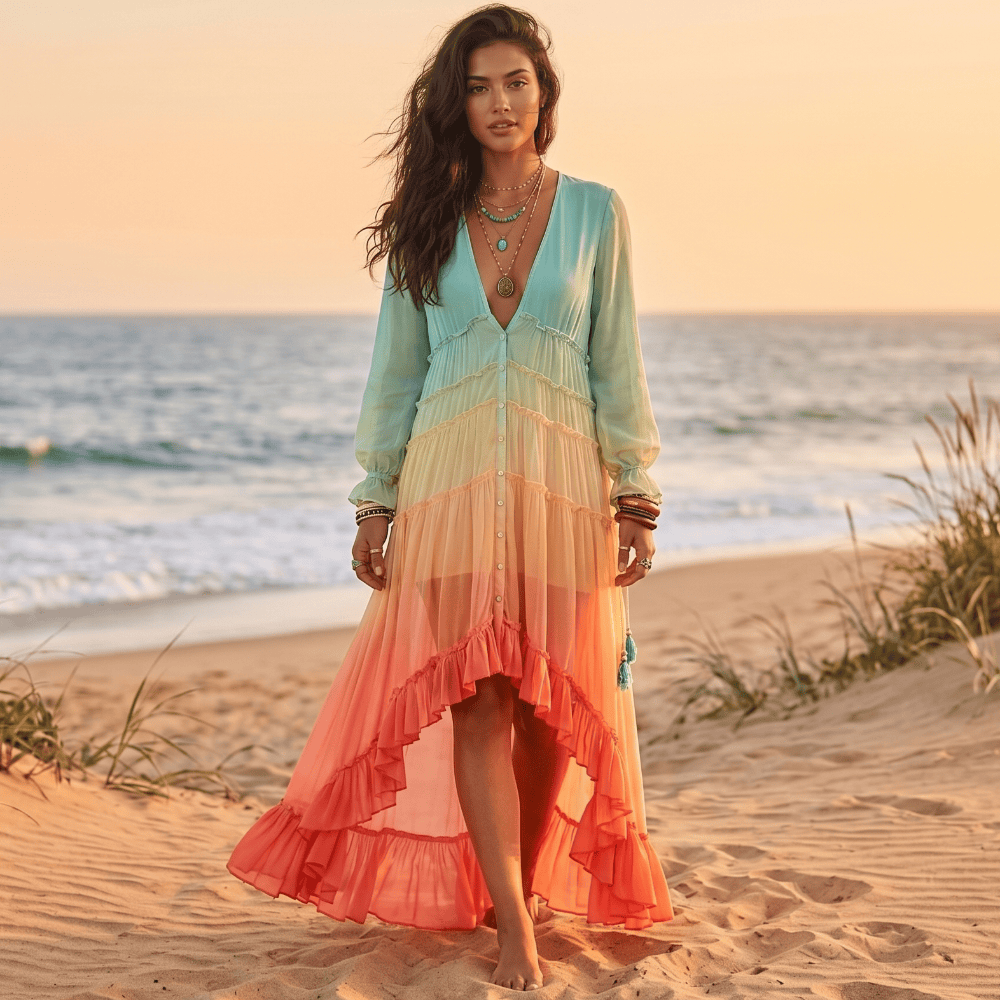 Colorblock Tiered Maxi Dress for Beach Vacations — Tiered Dresses