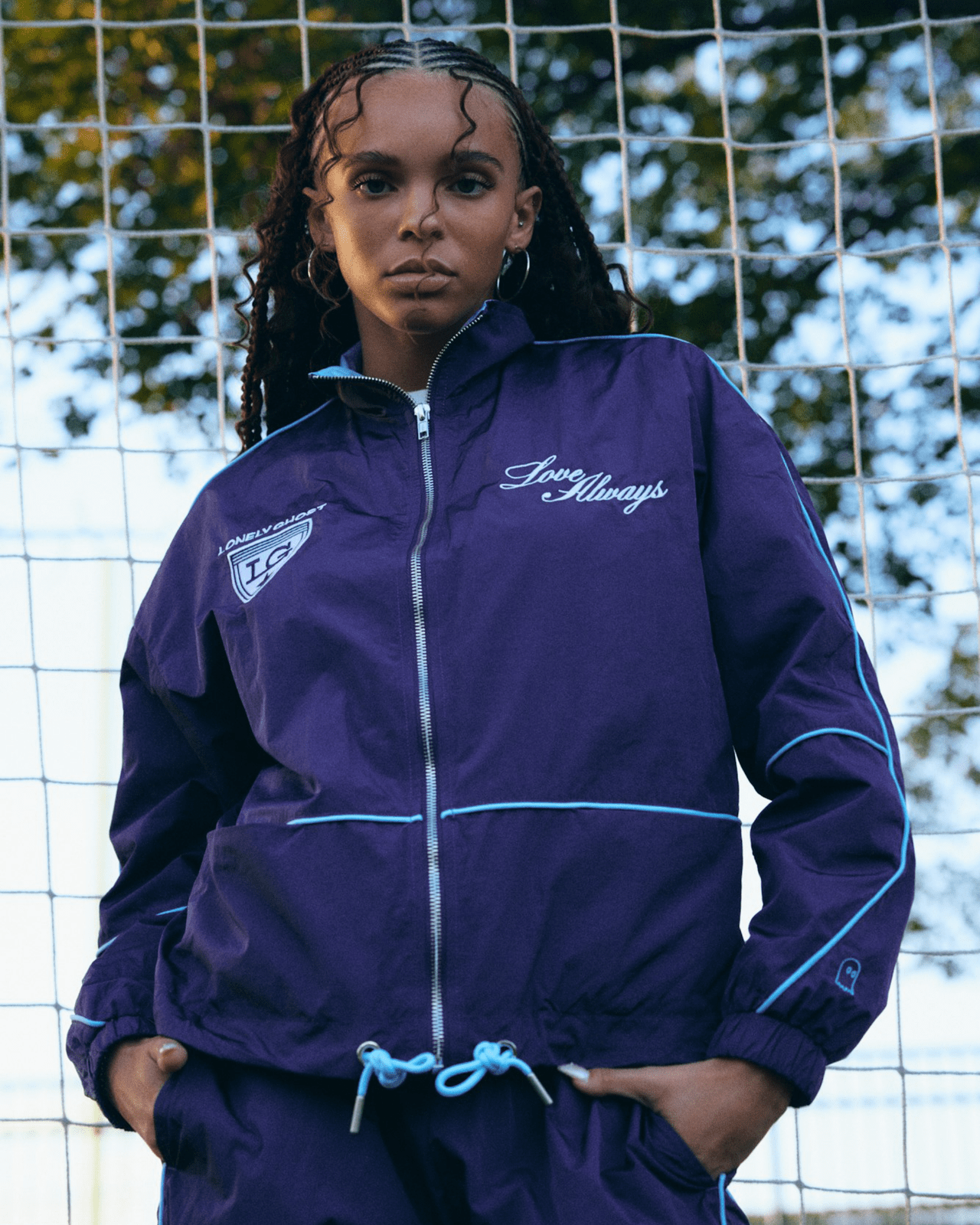 Purple Track Jacket with Light Blue Piping — Track Jacket Outfits