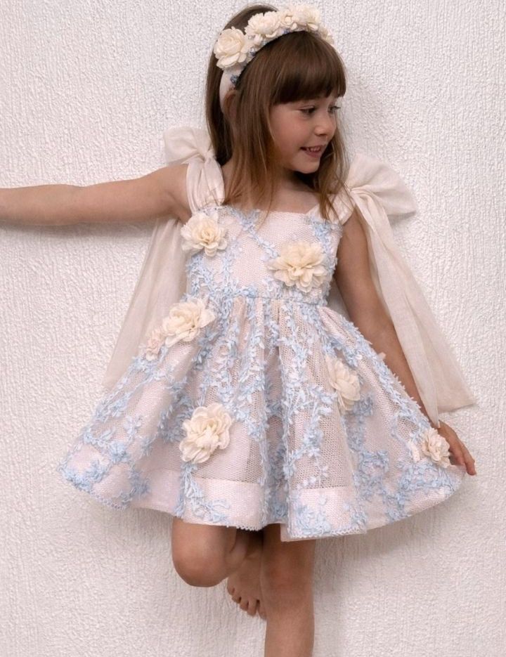 Pale Blue and Ivory Lace Dress with Satin Bows Pale Blue and Ivory Lace Dress with Satin Bows — Little Girl Dresses