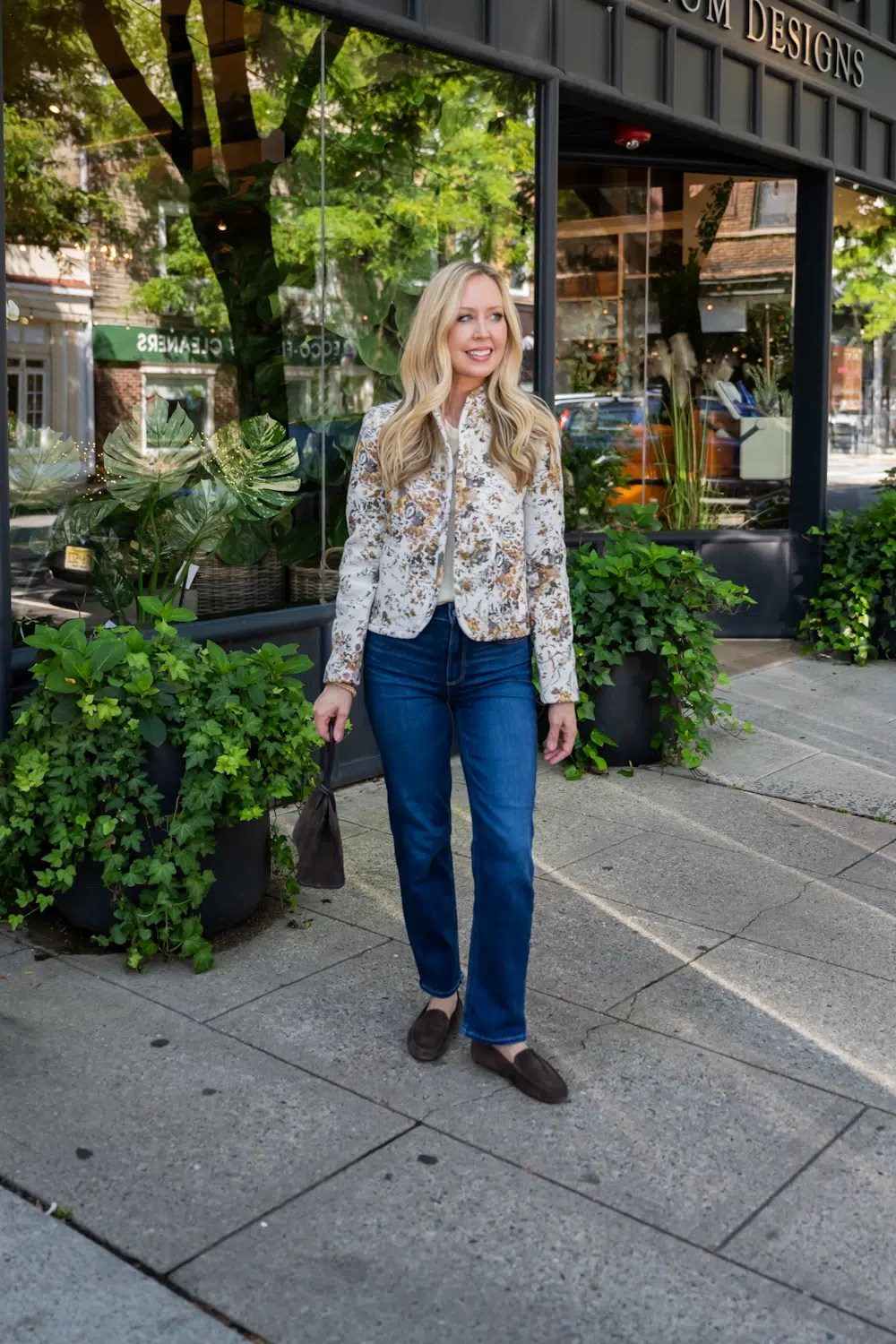 Dark Brown Suede Loafers with a Floral Print Jacket and Jeans — Loafer Outfits