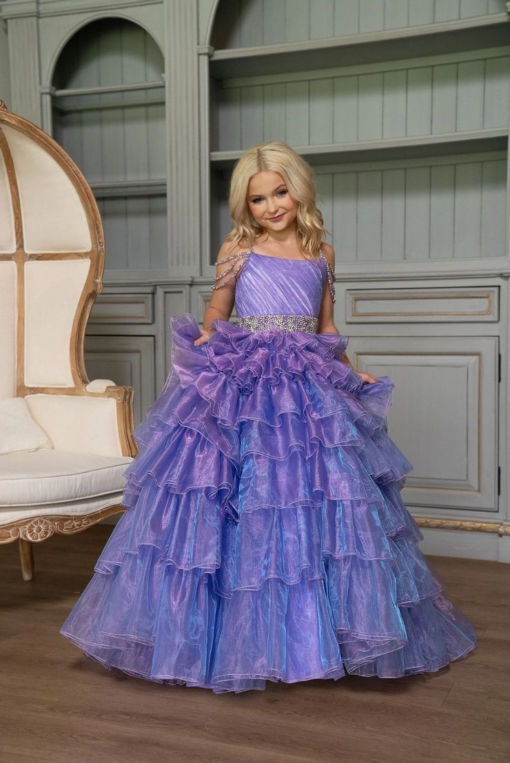Iridescent Purple and Blue Ruffled Ballgown with Beaded Straps Iridescent Purple and Blue Ruffled Ballgown with Beaded Straps — Pageant Dresses