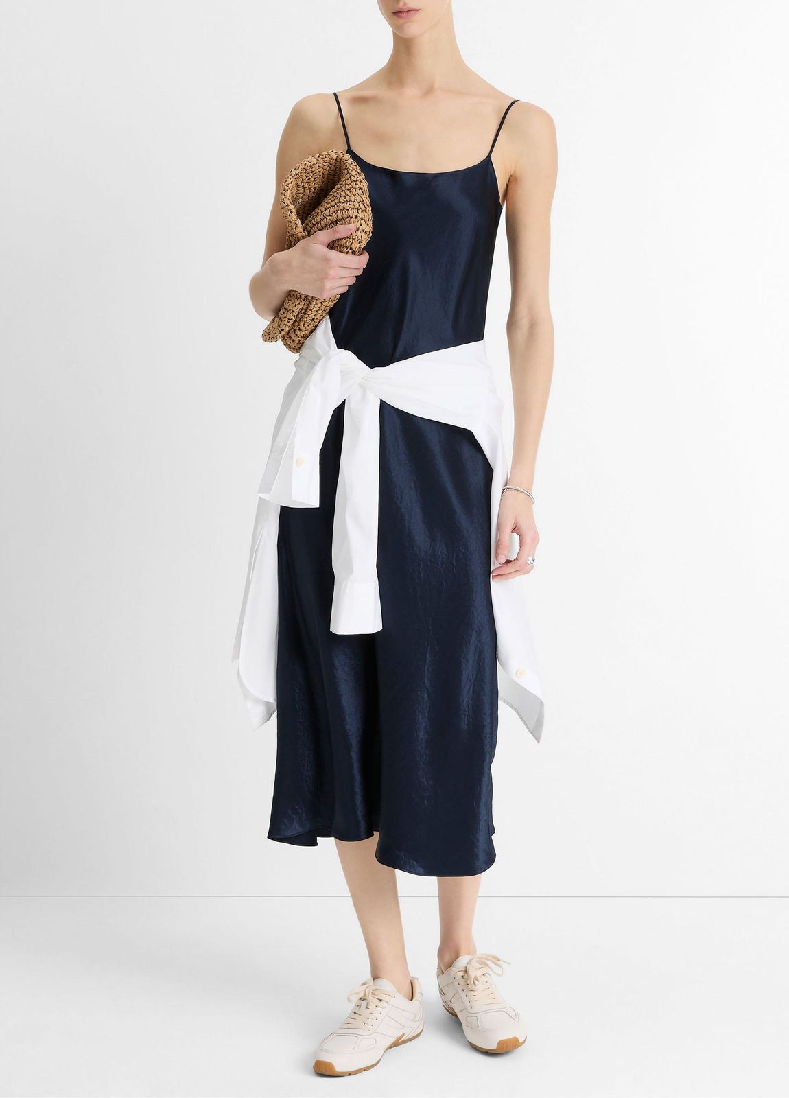 Navy Satin Midi Dress Styled Casually with Sneakers — Satin Dresses