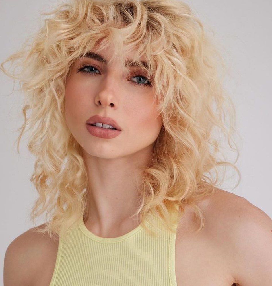 Collarbone Platinum Blonde Voluminous Curls — Curly Wolf Cut
