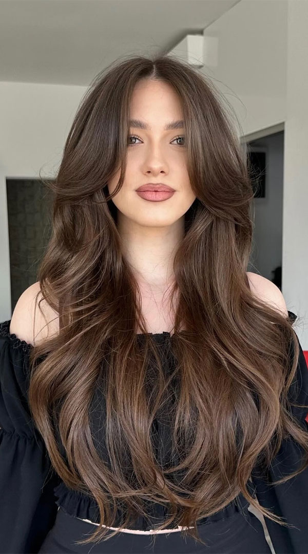 Mid-Back Dark Brown With Curtain Bangs — Long Layered Hair