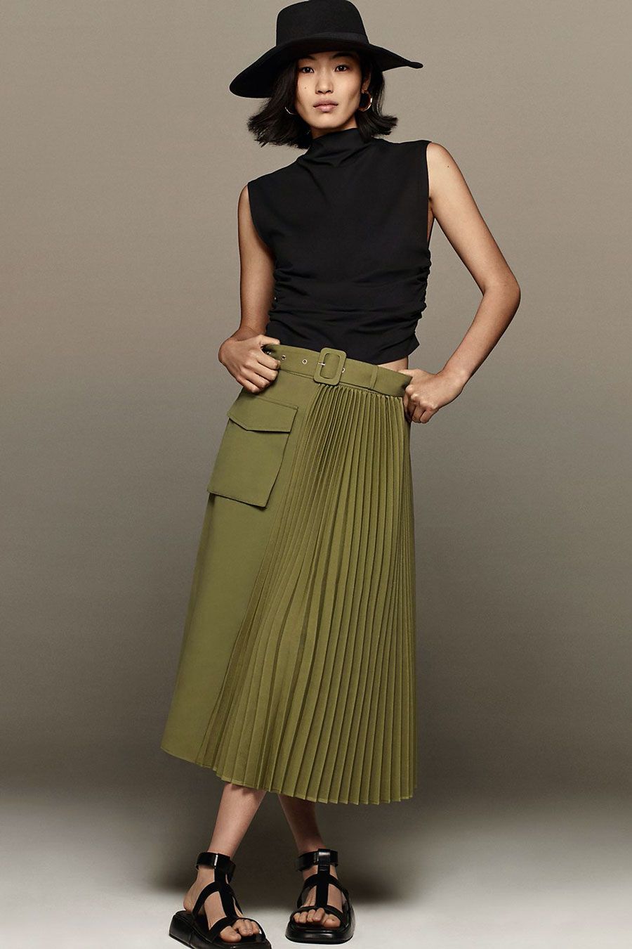 Olive Green Pleated Cargo Skirt with Mock Neck Top — Cargo Skirt Outfits