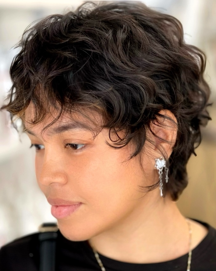 Ear Soft Curls in a Dark Brown Pixie — Pixie Cut for Thick Hair