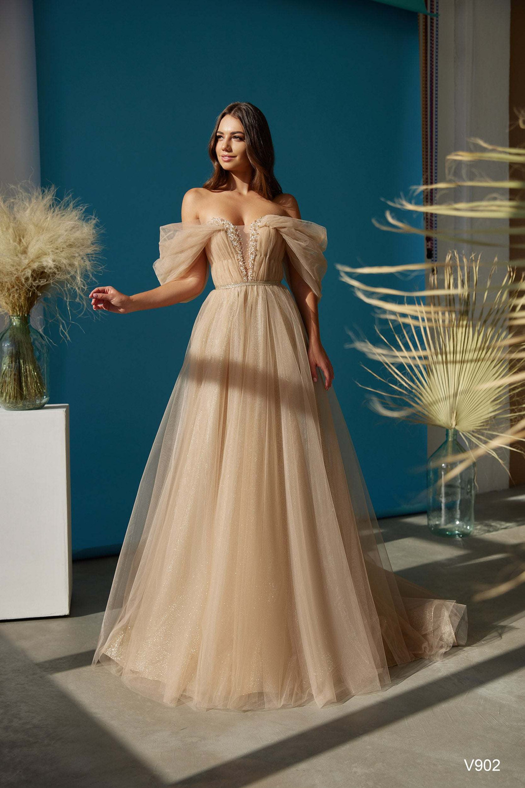 Champagne Glitter Tulle Ball Gown with Off-the-Shoulder Neckline — Gala Dresses