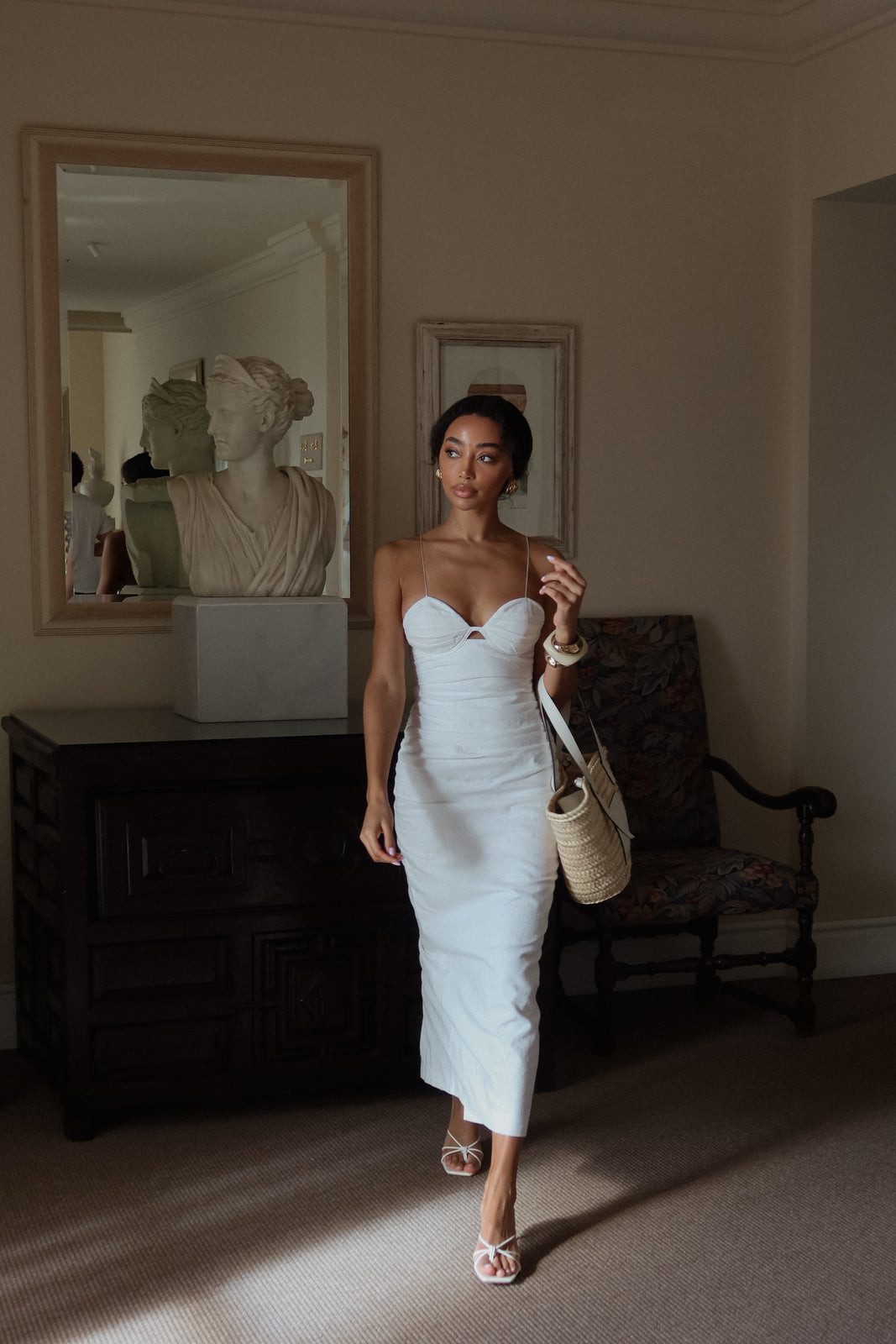 White Linen Bodycon Midi with Sweetheart Neckline — Bodycon Dresses