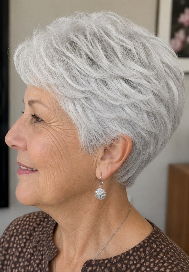 Silver Pixie Shag Side Swept Silver Pixie Shag Side Swept — Hairstyles for Women Over 70