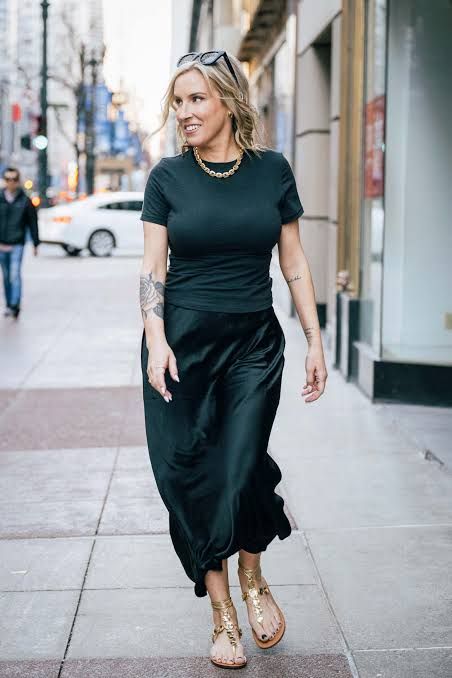 Black Slip Skirt with Crewneck T-Shirt and Gold Sandals — Slip Skirt Outfits