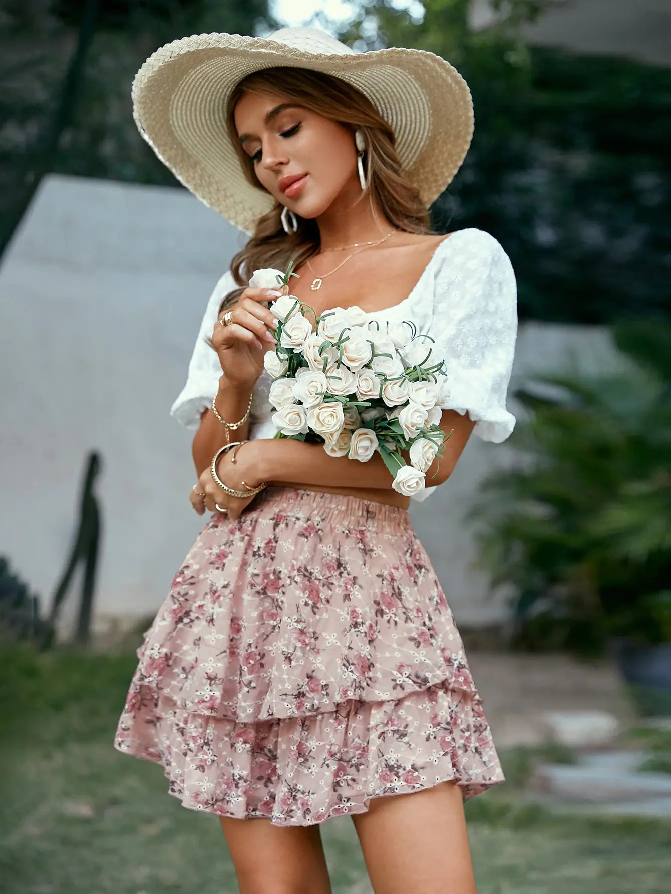 Tiered Floral Mini Skirt with Puff-Sleeve Top Tiered Floral Mini Skirt with Puff-Sleeve Top — Mini Skirts
