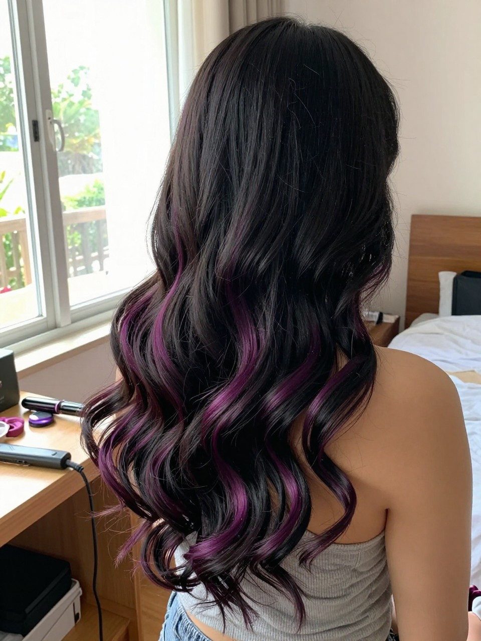 Mid-Back Distinct Purple Highlights on Wavy Black Hair Mid-Back Distinct Purple Highlights on Wavy Black Hair — Purple Highlights on Black Hair