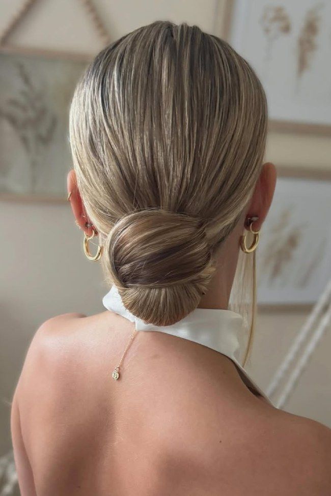 Textured Ash Blonde Bun with Root Shadow — Wedding Low Bun