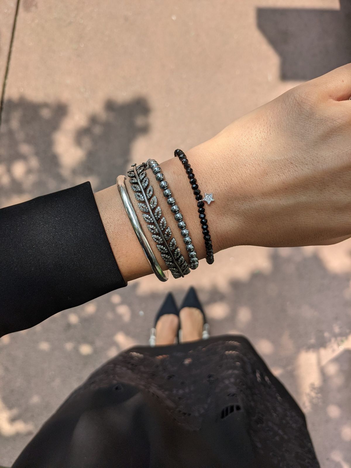 Silver and Black Beaded Bracelets with Blazer — Bangle Stacks