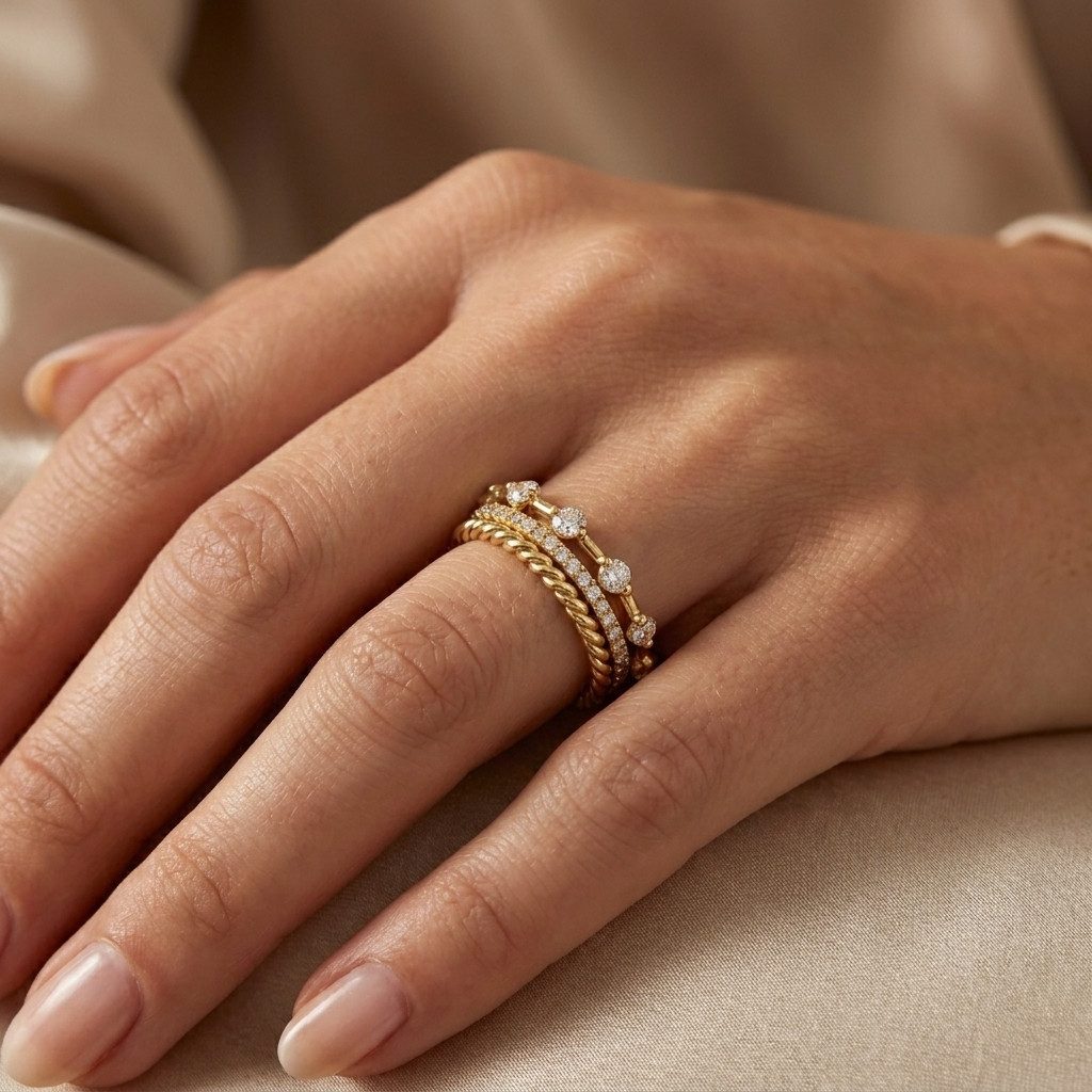 Diamond-Encrusted Bands with Twisted Texture Diamond-Encrusted Bands with Twisted Texture — Gold Ring Stack