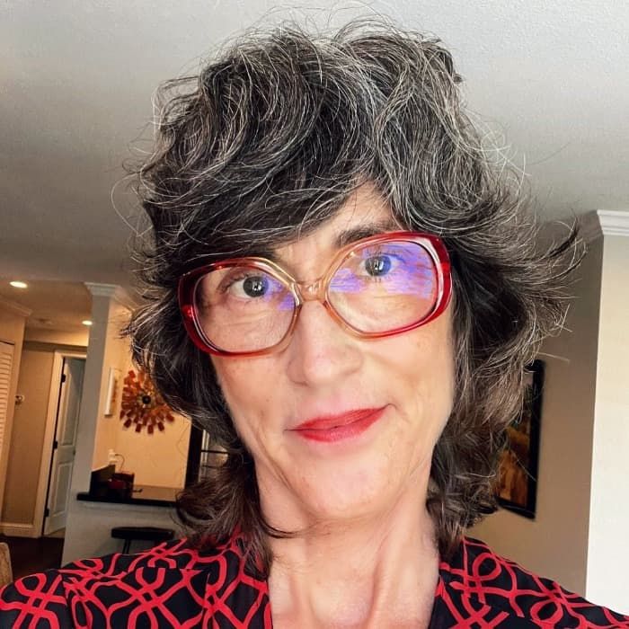 Voluminous Salt & Pepper Shag With Side Fringe — Hairstyles with Glasses