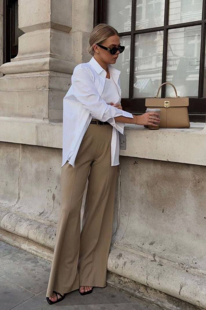 Chic White Shirt and Beige Wide-Leg Trousers Chic White Shirt and Beige Wide-Leg Trousers — Stealth Wealth Outfits