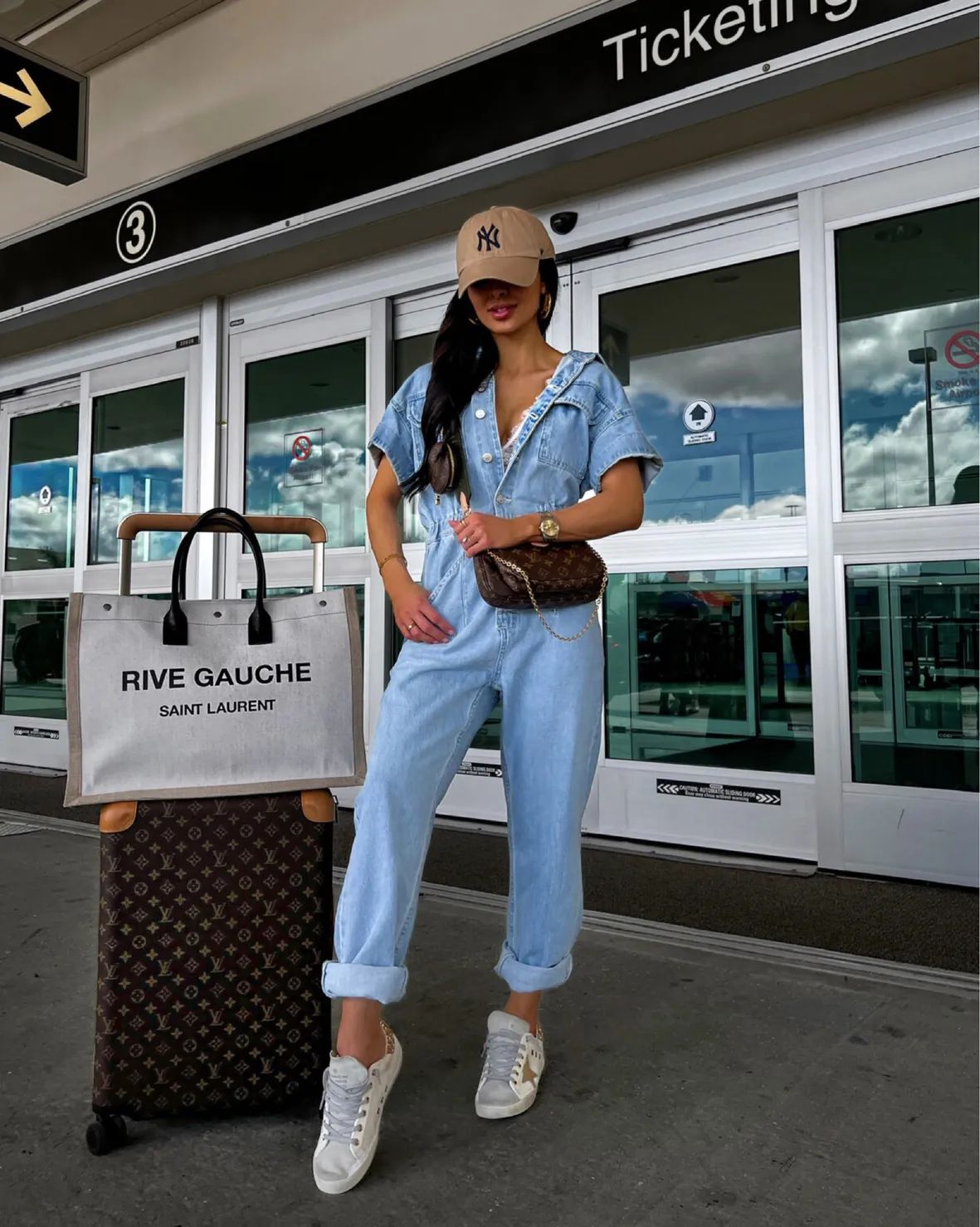 Denim Jumpsuit with Gold Chain Bag and Sneakers — Golden Goose Outfits