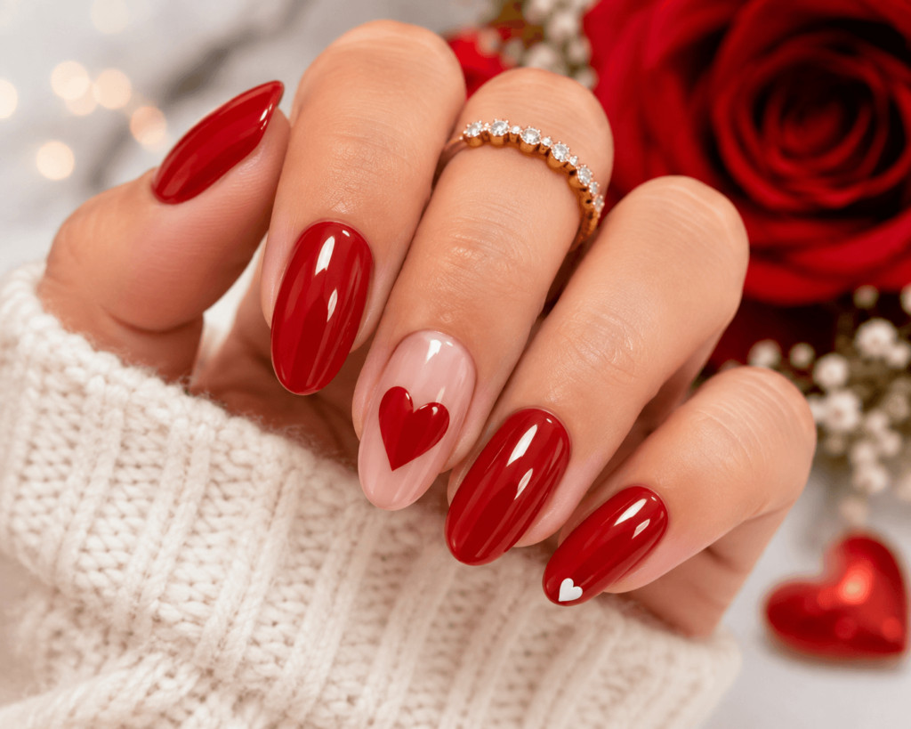 Classic Red with Heart Accent Nails — Anniversary Nails