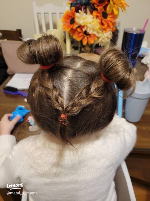 Double Buns with Braided Center Double Buns with Braided Center — Toddler Girl Hairstyles
