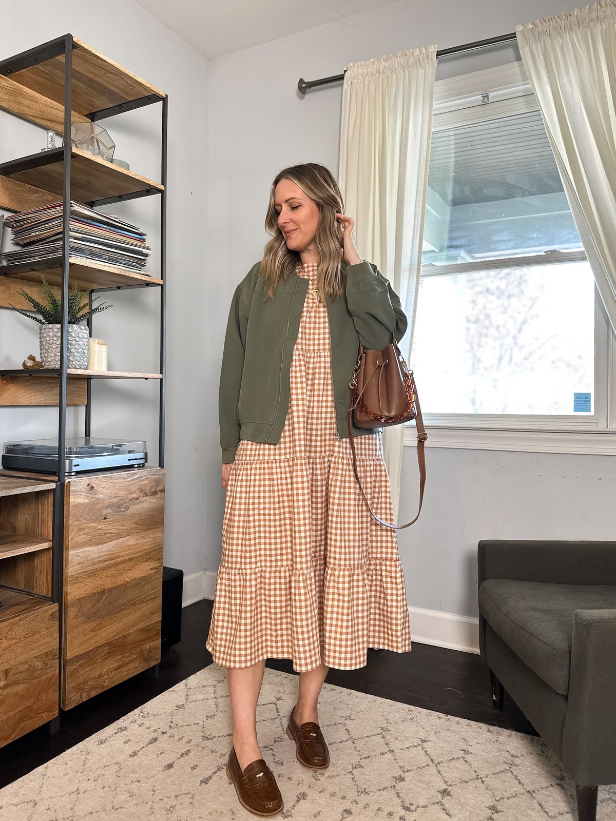 Gingham Dress and Bomber Jacket with Brown Penny Loafers — Penny Loafers Outfits