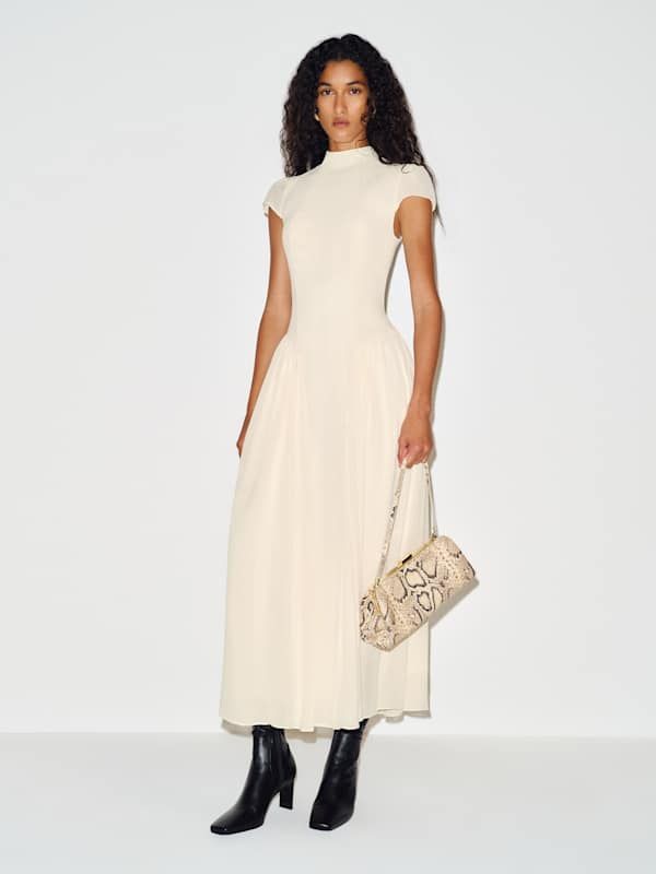 Cream Mock-Neck Midi Dress with Structured Bodice — Honeymoon Dresses