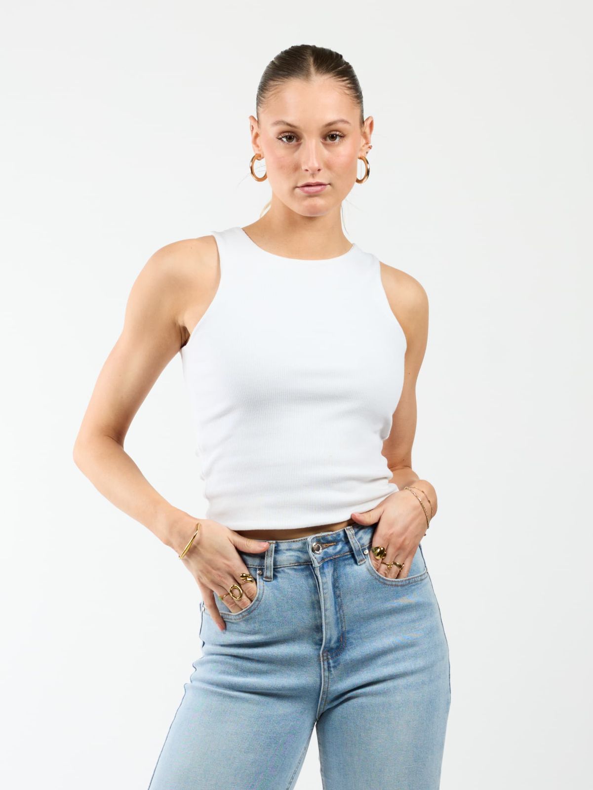 Classic Ribbed Texture: White Tank with Blue Jeans and Gold Jewelry — Tank Tops