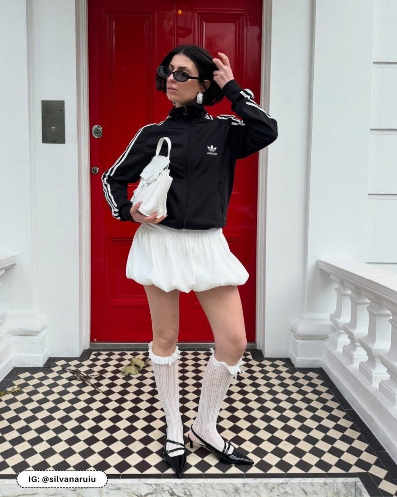 Black Adidas Track Jacket with White Bubble Skirt — Track Jacket Outfits