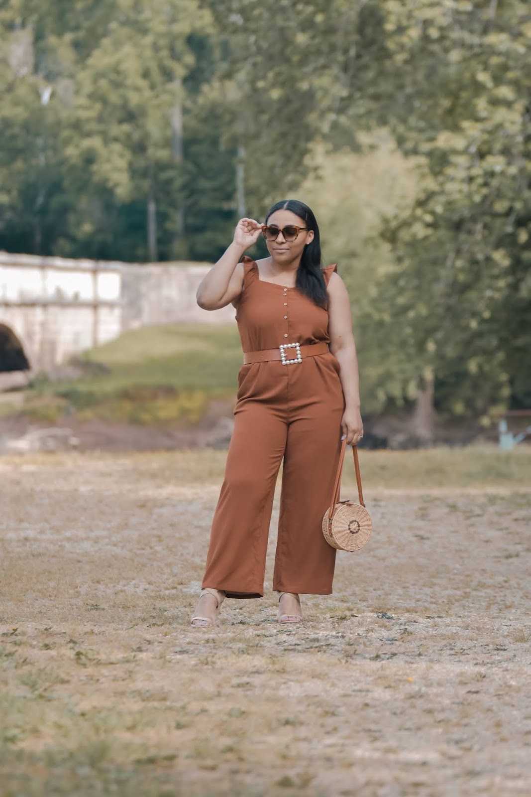 Rust Sleeveless Jumpsuit with Pearl Embellished Belt Rust Sleeveless Jumpsuit with Pearl Embellished Belt — Shein Outfits