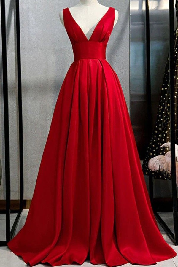 Vibrant Red Satin Ball Gown with Deep V-Neckline — Military Ball Dresses