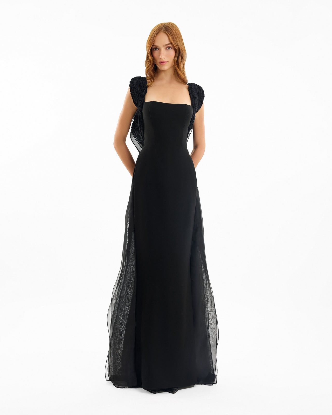 Black Evening Gown with Embroidered Shoulder Detail Black Evening Gown with Embroidered Shoulder Detail — Square Neck Dresses