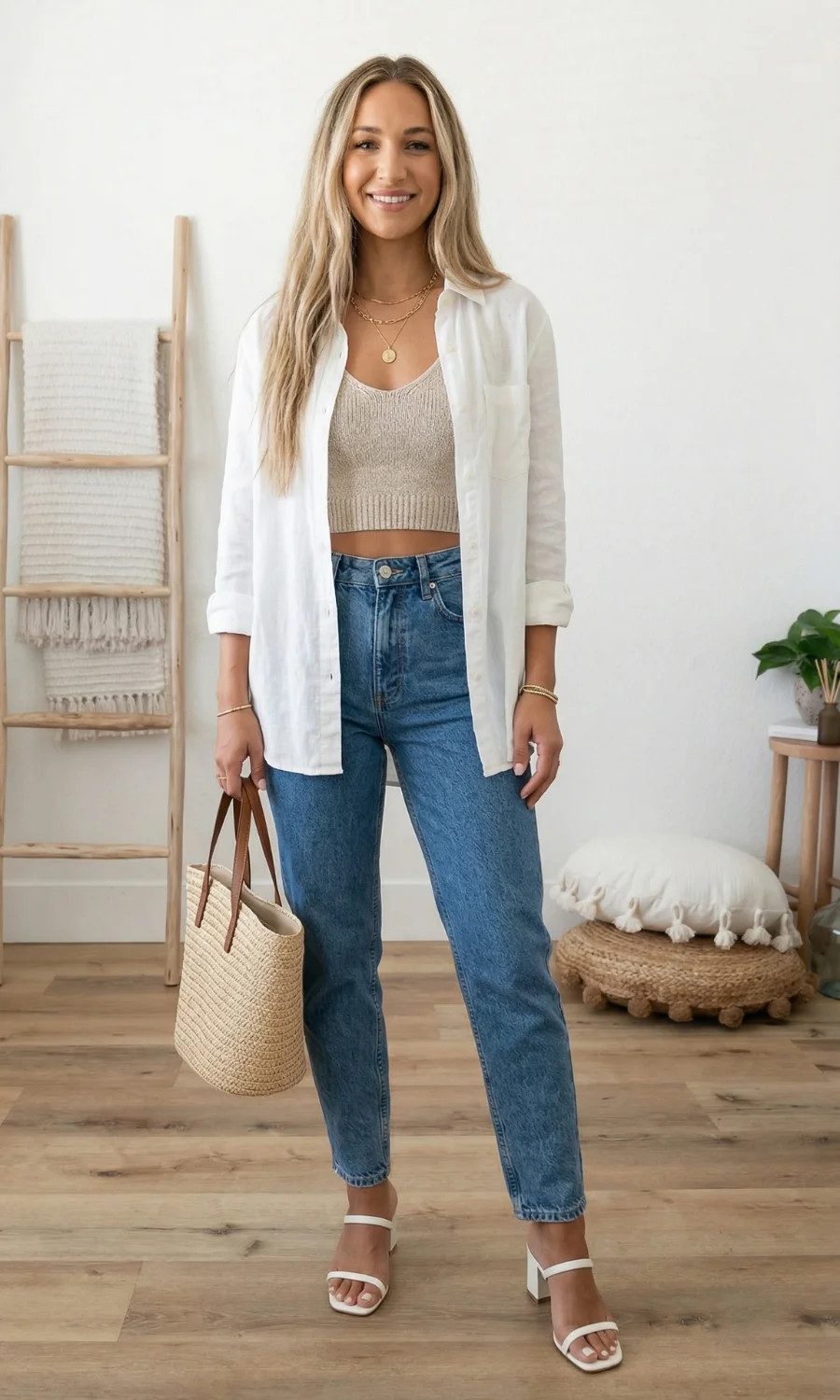 Straight-Leg Jeans, Beige Crop Top, and White Block Heels — Heels with Jeans Outfits