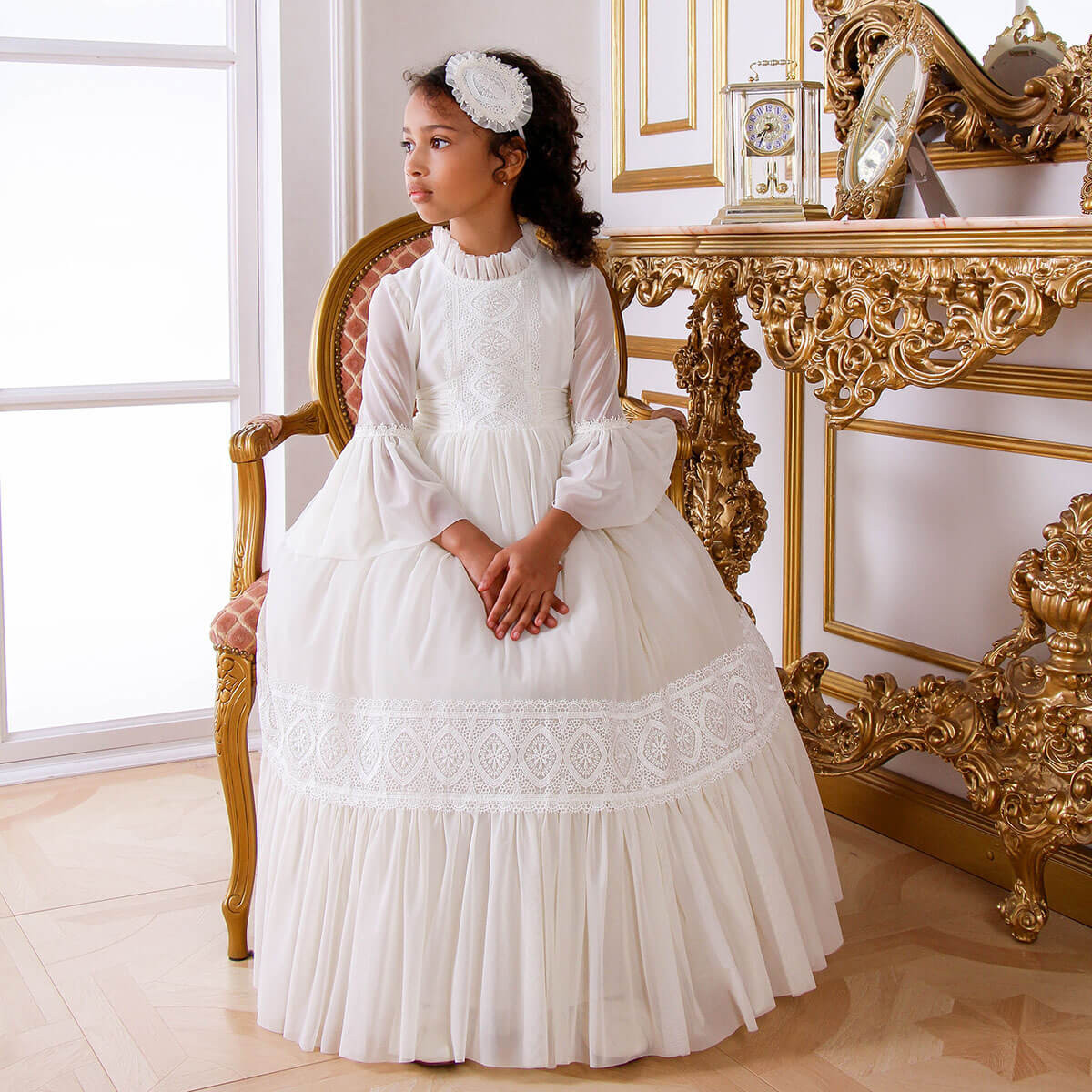 A-Line Chiffon Dress with Lace Trim and Balloon Sleeves A-Line Chiffon Dress with Lace Trim and Balloon Sleeves — First Communion Outfits