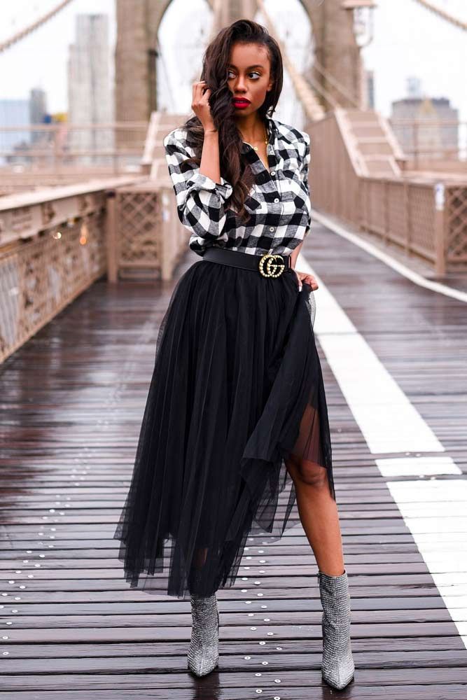 Edgy Casual: Black Tulle Skirt with Checked Shirt and Sparkly Boots — Tulle Skirt Outfits