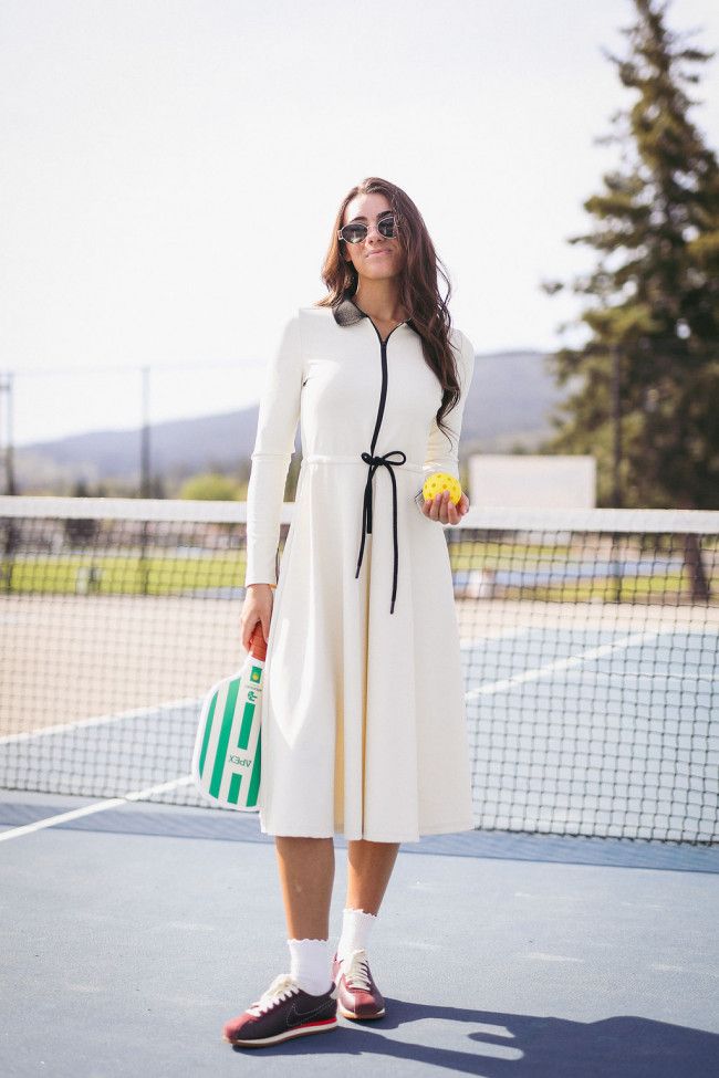Cream Long-Sleeve Dress with Zipper Detail for Tennis — Exercise Dresses
