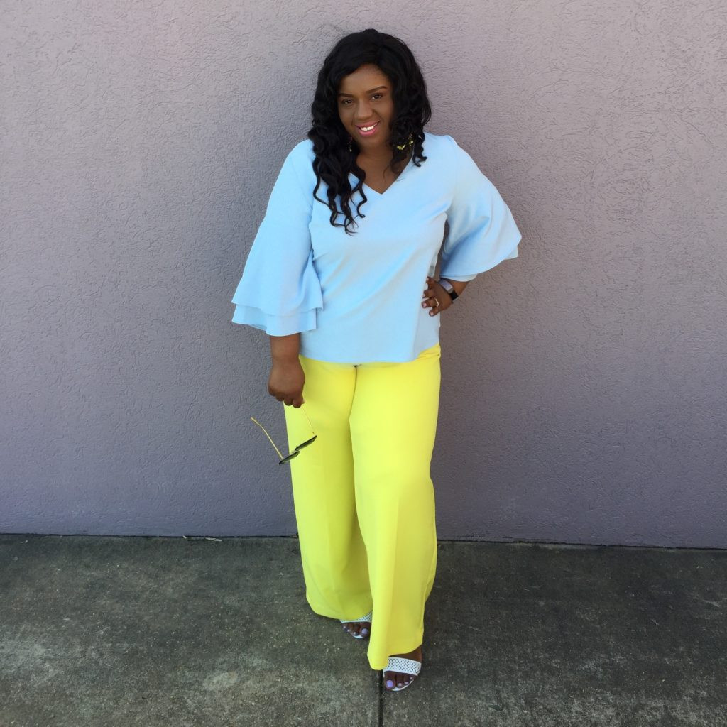 Bell-Sleeve Top Paired with Bright Wide-Leg Pants Bell-Sleeve Top Paired with Bright Wide-Leg Pants — Light Feminine Outfits