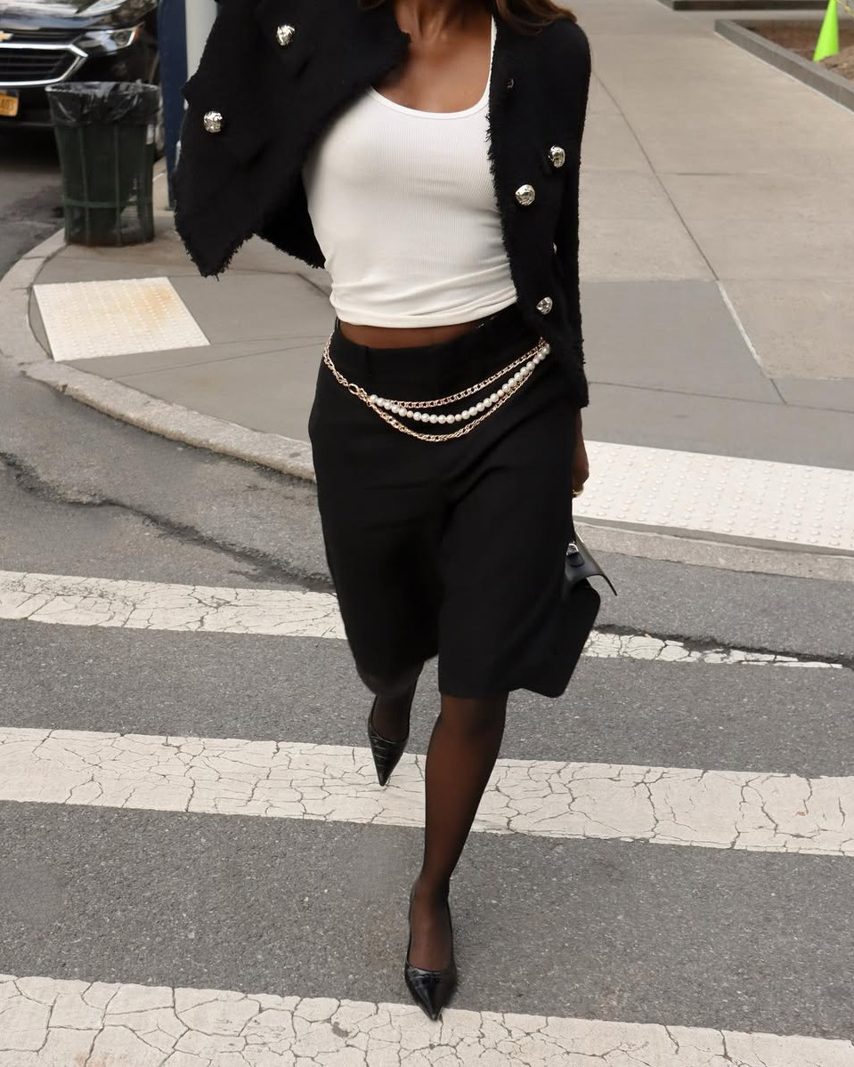 Tweed Jacket and Shorts with a Pearl and Gold Chain Belt — Belt Outfits
