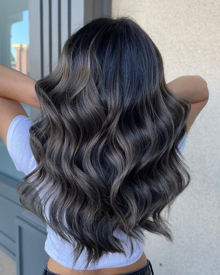 Black Base With Silver Highlights Back View Thick Wavy Mid-Back Black Base With Silver Highlights Back View Thick Wavy Mid-Back — Silver Highlights on Black Hair