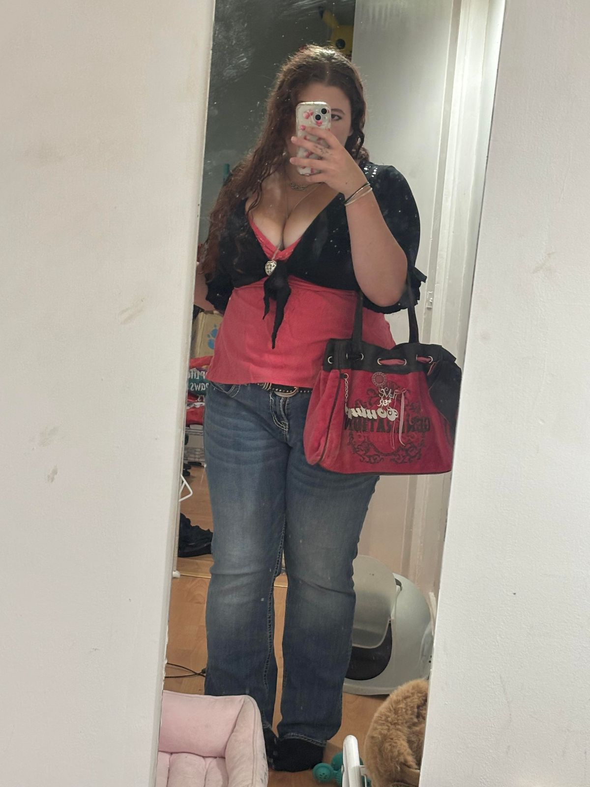 Casual Layers: Pink Tank, Black Cardigan, and Embellished Handbag Casual Layers: Pink Tank, Black Cardigan, and Embellished Handbag — McBling Outfits