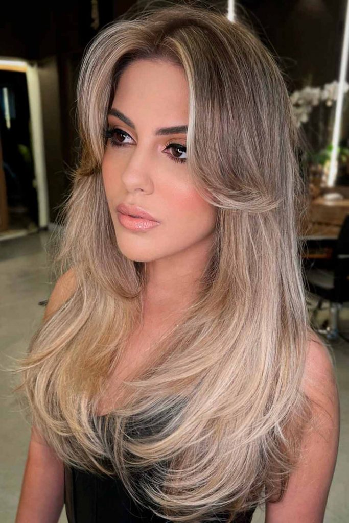 Mid-Back Ash Blonde Butterfly With Curtain Bangs — Butterfly Haircut Long Hair