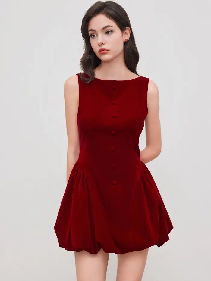 Deep Red Velvet Mini Dress with Boat Neckline and Bubble Hem — Bubble Hem Dresses