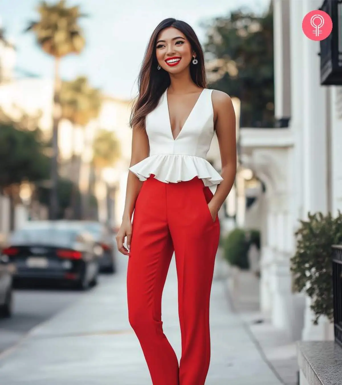 Striking Red Trousers Paired with a White Peplum Top — Red Outfits