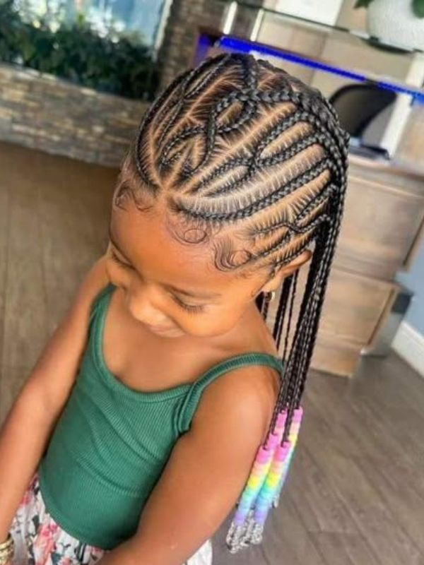 Geometric Cornrows with Colorful Beads — Kids Braids