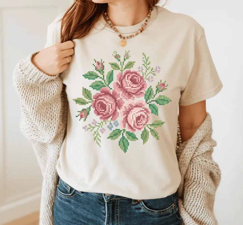 Cross Stitch Graphic T-Shirt with Knit Cardigan Cross Stitch Graphic T-Shirt with Knit Cardigan — Grandmacore Outfits
