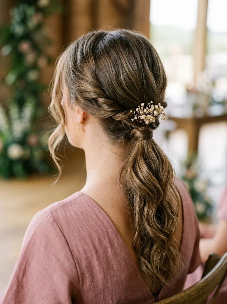 Dark Blonde With Lighter Highlights Visual Idea — Low Ponytail with Bow