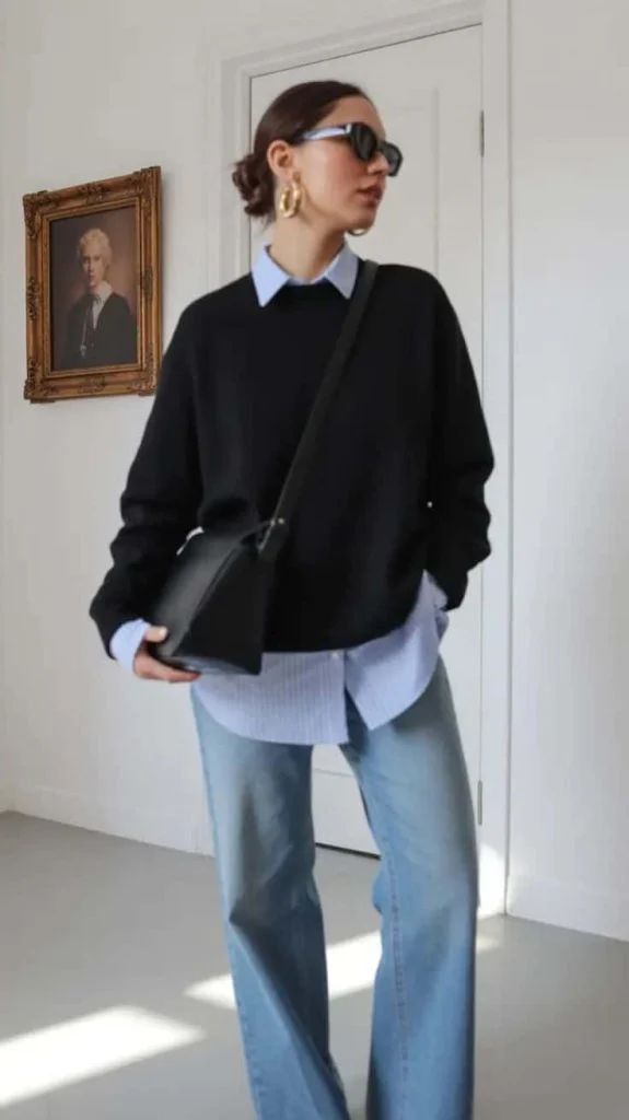 Layered Sophistication: Shirt Under Sweater with Wide-Leg Jeans Layered Sophistication: Shirt Under Sweater with Wide-Leg Jeans — Outfits for Small Bust