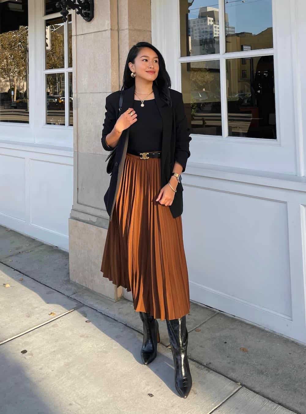 Chic Pleated Brown Midi Skirt with Black Blazer and Boots — Brown Outfits