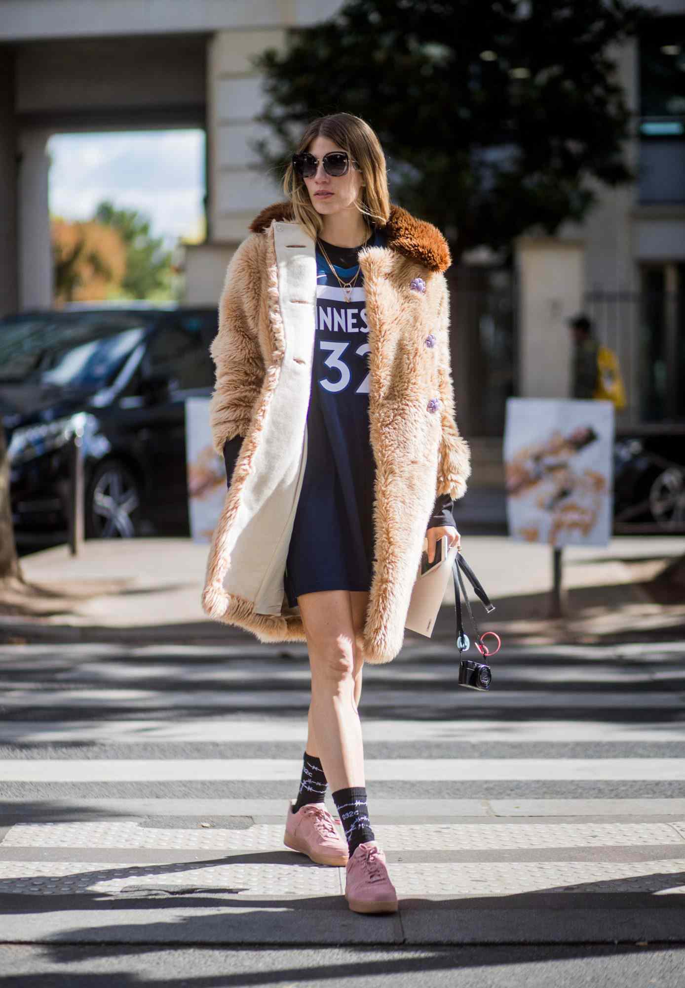 Cozy Layers: T-Shirt Dress with Faux Fur Coat Cozy Layers: T-Shirt Dress with Faux Fur Coat — Soccer Game Outfits